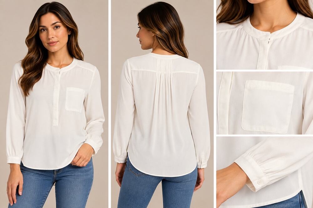 NYDJ Womens PM Petite Ivory Henley Blouse Pleat Back 3/4 Sleeve Pocket